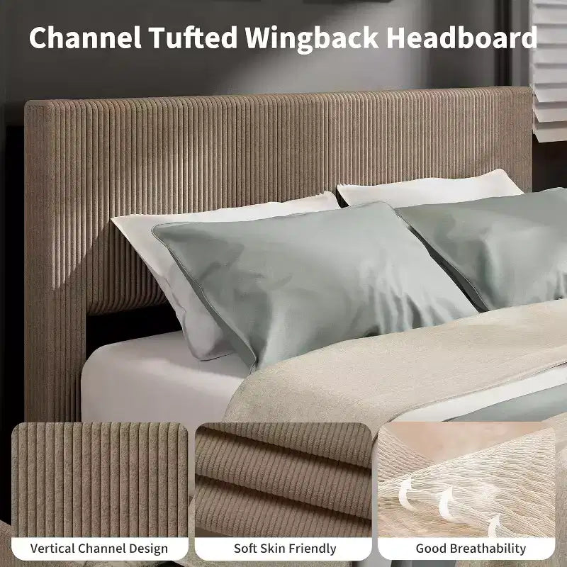 Platform Bed Frame with Corduroy Channel-Tufted Headboard & 4 Storage Drawers