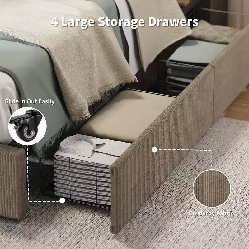 Platform Bed Frame with Corduroy Channel-Tufted Headboard & 4 Storage Drawers