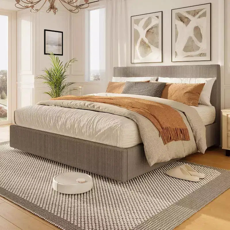 Platform Bed Frame with Corduroy Channel-Tufted Headboard & 4 Storage Drawers