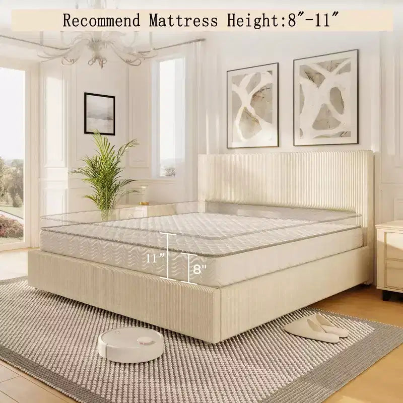 Platform Bed Frame with Corduroy Channel-Tufted Headboard & 4 Storage Drawers