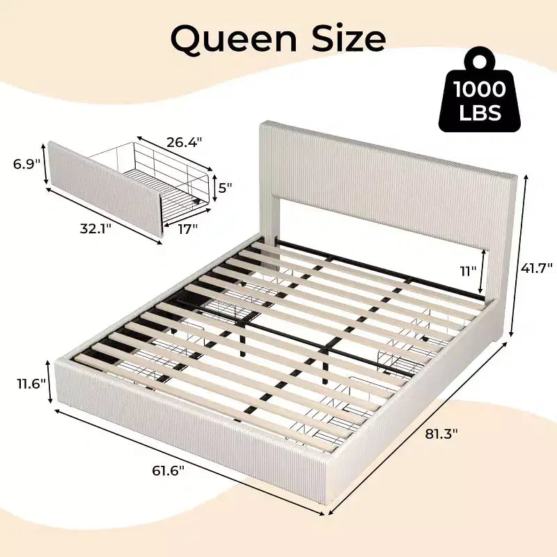 Platform Bed Frame with Corduroy Channel-Tufted Headboard & 4 Storage Drawers