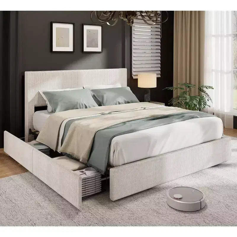 Platform Bed Frame with Corduroy Channel-Tufted Headboard & 4 Storage Drawers