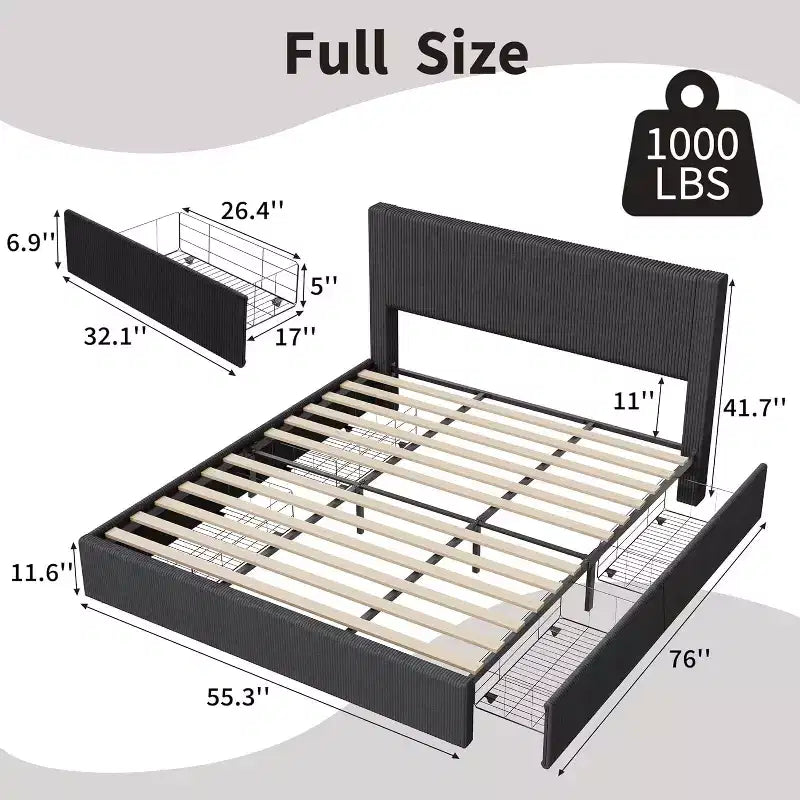 Platform Bed Frame with Corduroy Channel-Tufted Headboard & 4 Storage Drawers