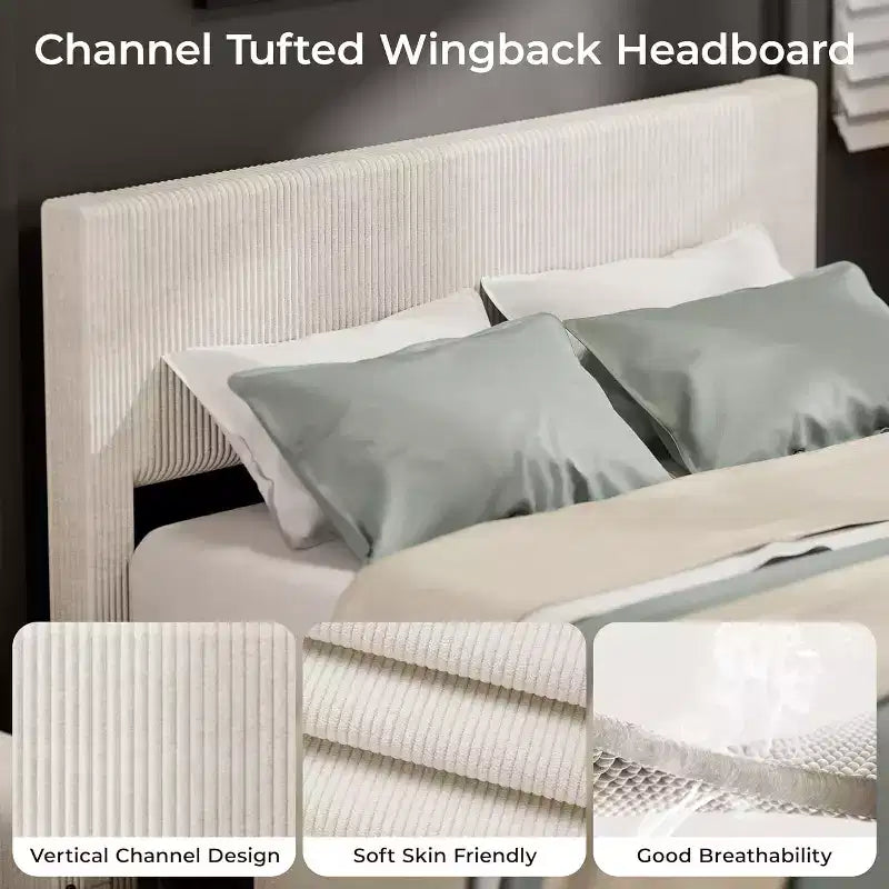 Platform Bed Frame with Corduroy Channel-Tufted Headboard & 4 Storage Drawers