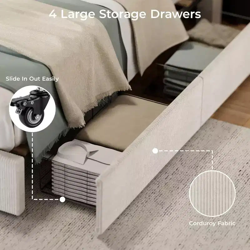 Platform Bed Frame with Corduroy Channel-Tufted Headboard & 4 Storage Drawers