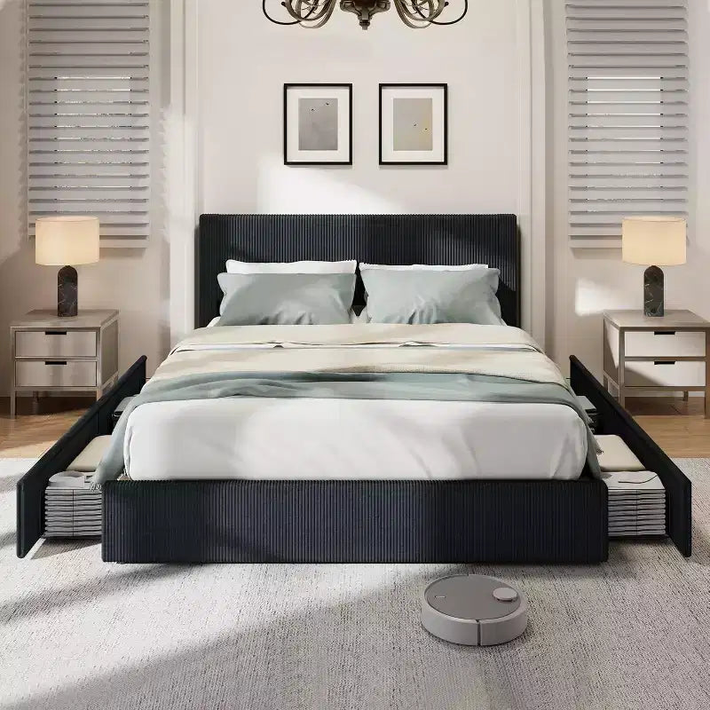 Platform Bed Frame with Corduroy Channel-Tufted Headboard & 4 Storage Drawers