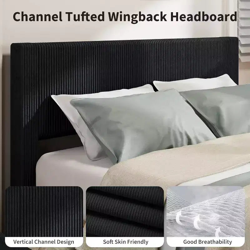 Platform Bed Frame with Corduroy Channel-Tufted Headboard & 4 Storage Drawers