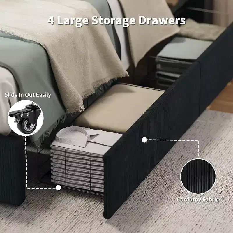 Platform Bed Frame with Corduroy Channel-Tufted Headboard & 4 Storage Drawers