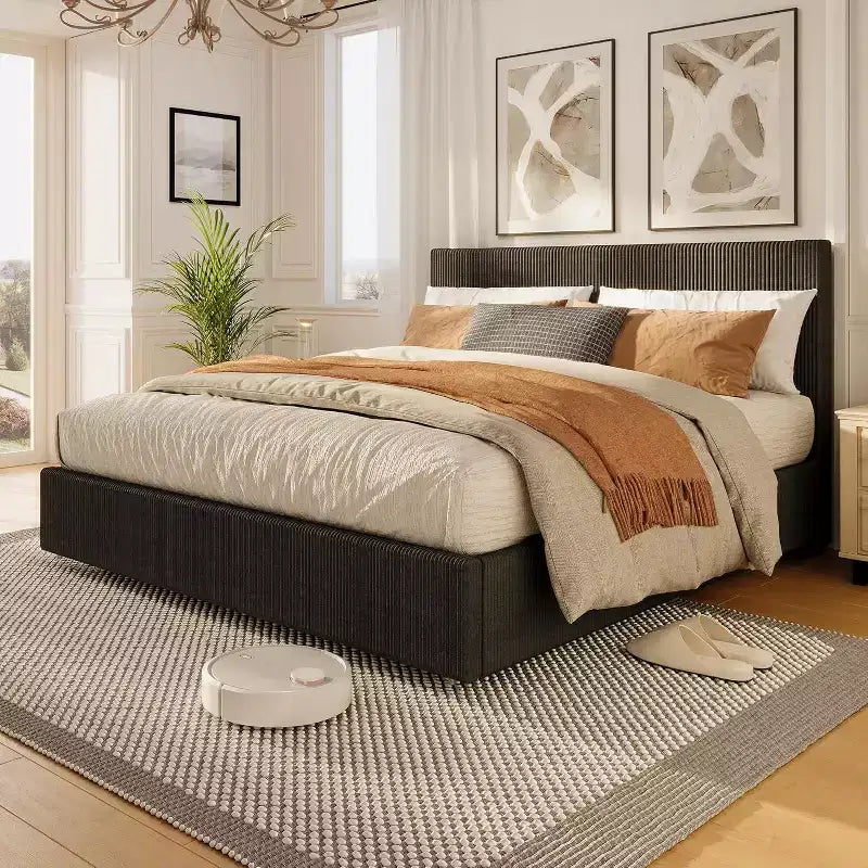 Platform Bed Frame with Corduroy Channel-Tufted Headboard & 4 Storage Drawers
