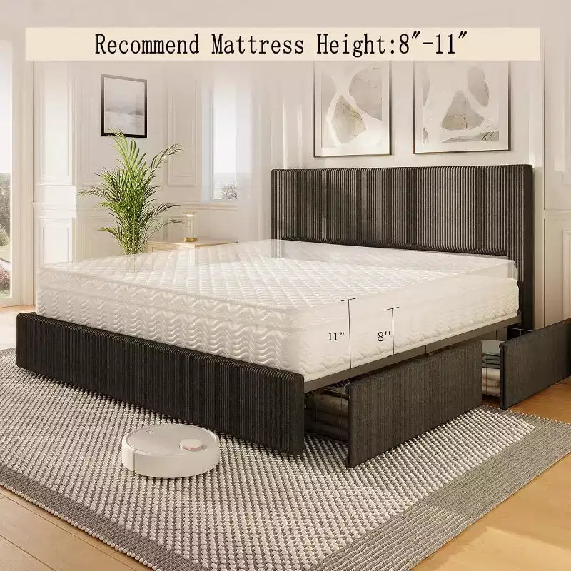 Platform Bed Frame with Corduroy Channel-Tufted Headboard & 4 Storage Drawers