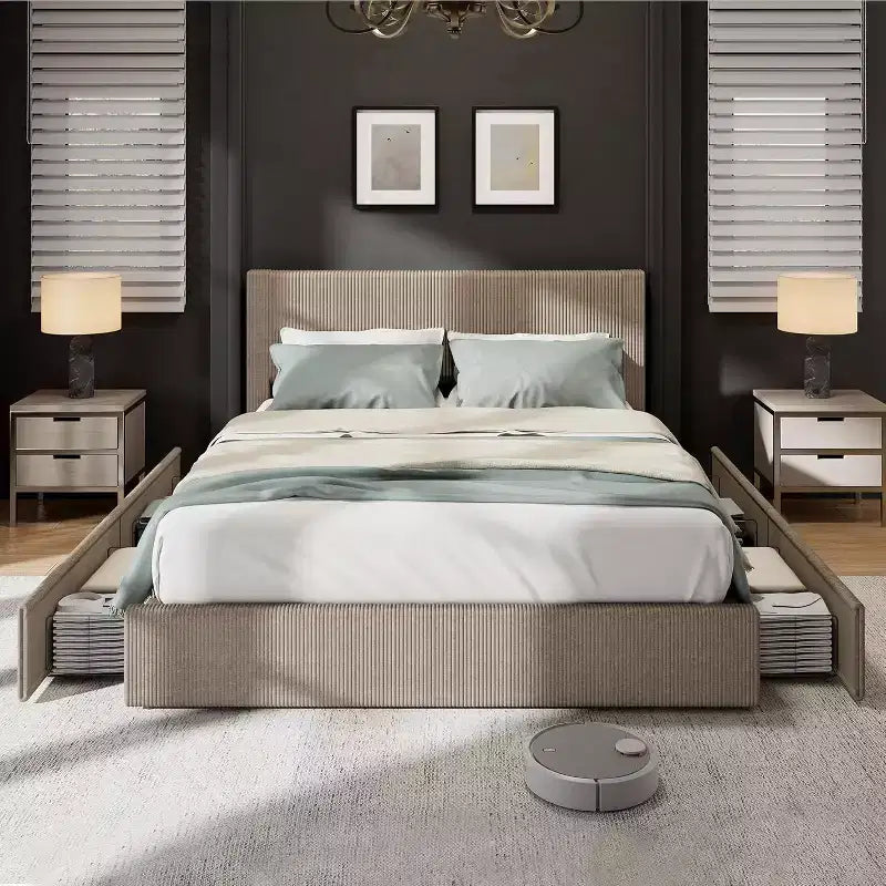 Platform Bed Frame with Corduroy Channel-Tufted Headboard & 4 Storage Drawers