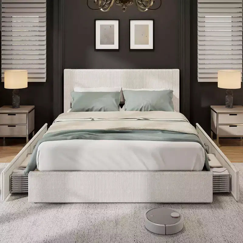 Platform Bed Frame with Corduroy Channel-Tufted Headboard & 4 Storage Drawers