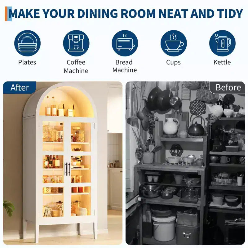 70" Tall Arched Kitchen Pantry Cabinet with LED Lights, Glass Doors & Adjustable Shelves for Kitchen, Dining Room, Living Room