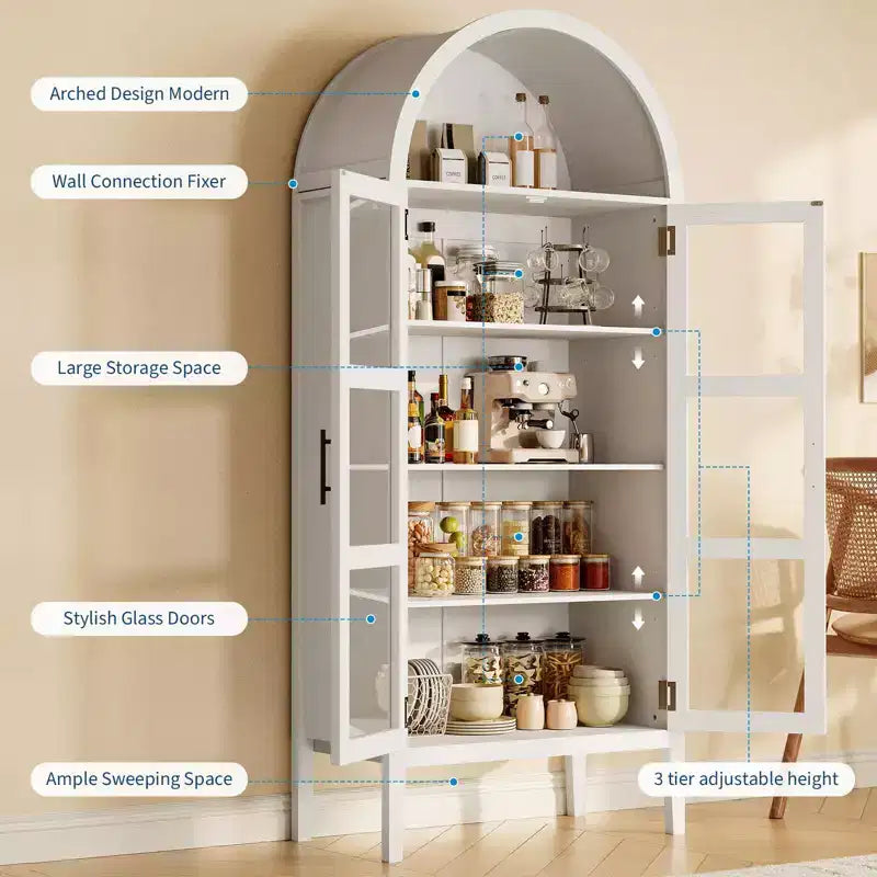 70" Tall Arched Kitchen Pantry Cabinet with LED Lights, Glass Doors & Adjustable Shelves for Kitchen, Dining Room, Living Room