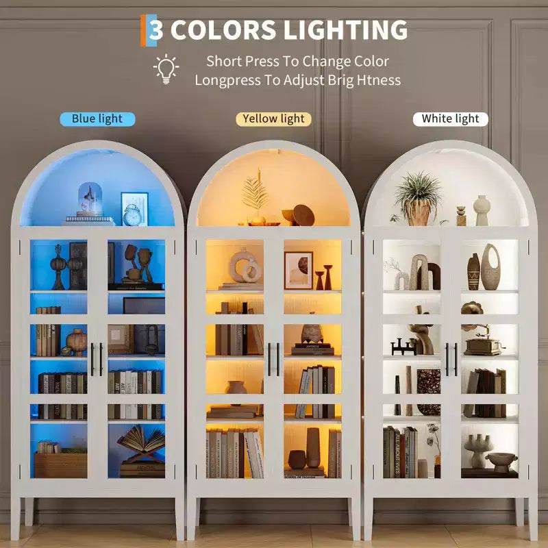 70" Tall Arched Kitchen Pantry Cabinet with LED Lights, Glass Doors & Adjustable Shelves for Kitchen, Dining Room, Living Room