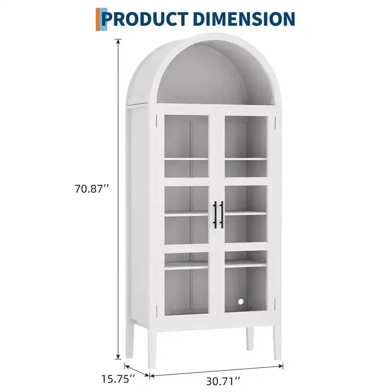 70" Tall Arched Kitchen Pantry Cabinet with LED Lights, Glass Doors & Adjustable Shelves for Kitchen, Dining Room, Living Room