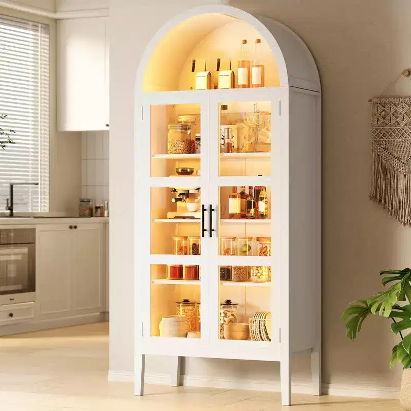 70" Tall Arched Kitchen Pantry Cabinet with LED Lights, Glass Doors & Adjustable Shelves for Kitchen, Dining Room, Living Room