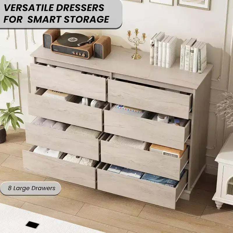 8-Drawer Wide Dresser - Wood Storage Chest for Bedroom & Living Room