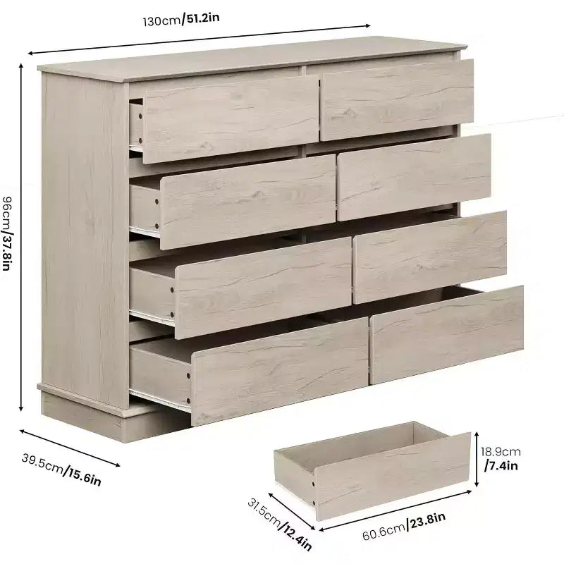 8-Drawer Wide Dresser - Wood Storage Chest for Bedroom & Living Room