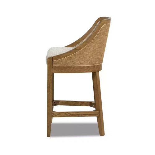 Tabouret de comptoir en chêne de 27 po avec tissu performant en canne, tissu texturé beige taupe