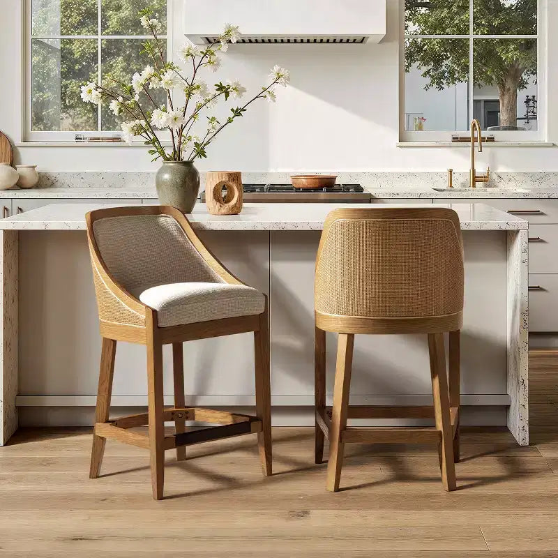 Jennifer Taylor Home Charleston 27 Cane Performance Fabric Upholstered Oak Counter Stool, Taupe Beige Textured Weave