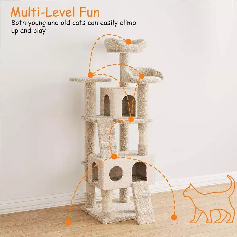 71 Inch Cat Tree Tower with Sisal Scratching Posts and Padded Plush Perch, Yellow