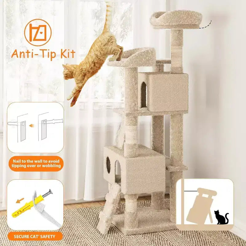 71 Inch Cat Tree Tower with Sisal Scratching Posts and Padded Plush Perch, Yellow