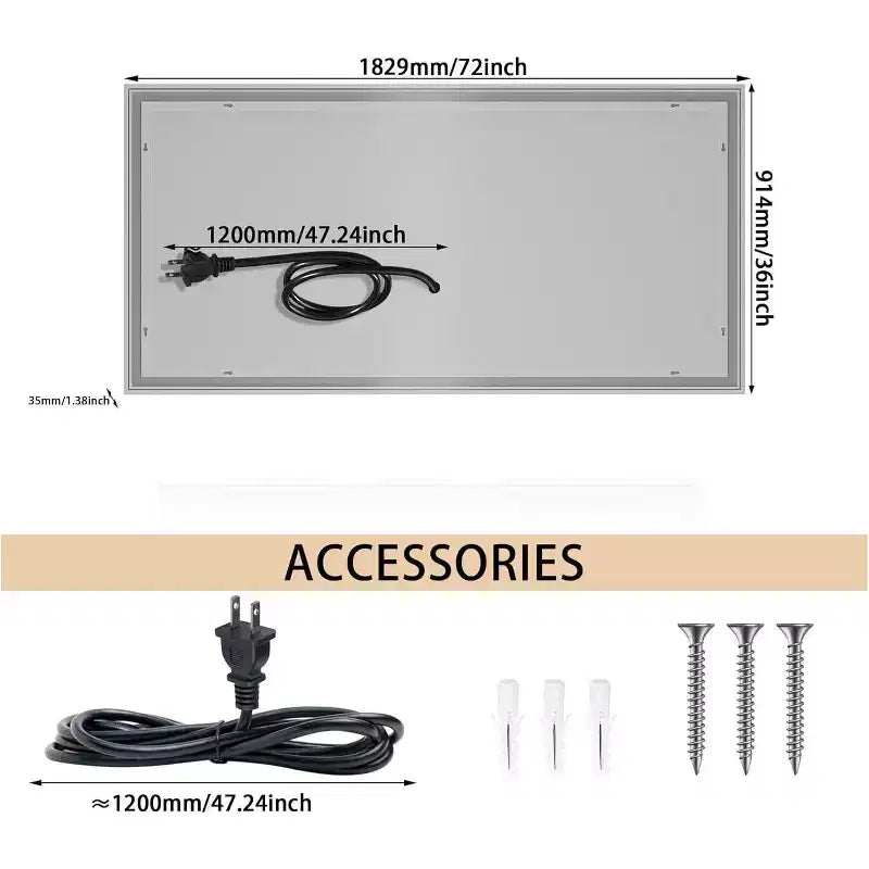 Large 72x36 LED Bathroom Mirror  Front/Rear Lights, Anti-Fog & Adjustable Brightness