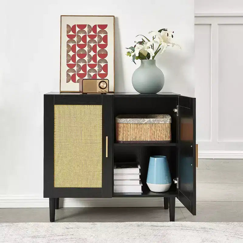 Side Panel Buffet Cabinet with Natural Rattan Door and Adjustable Shelves for Bedroom Living Room