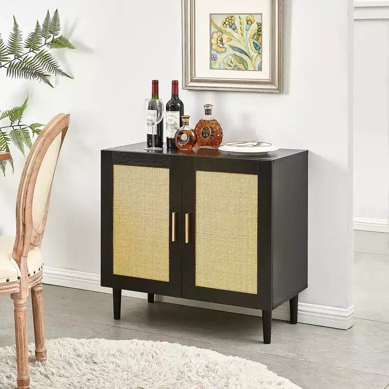 Side Panel Buffet Cabinet with Natural Rattan Door and Adjustable Shelves for Bedroom Living Room