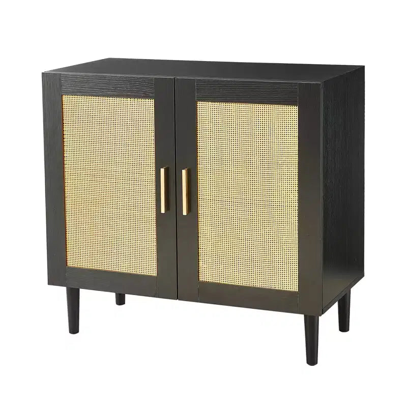 Side Panel Buffet Cabinet with Natural Rattan Door and Adjustable Shelves for Bedroom Living Room