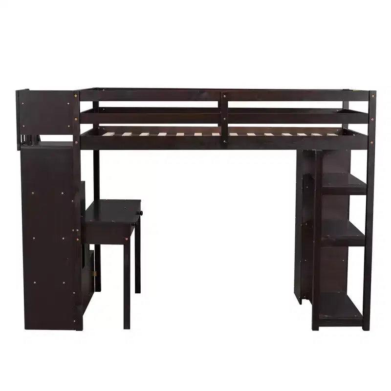Twin Size Loft Bed with Desk and Stairs, Wooden High Loft Bed with Drawers and Shelves for Kids Teens