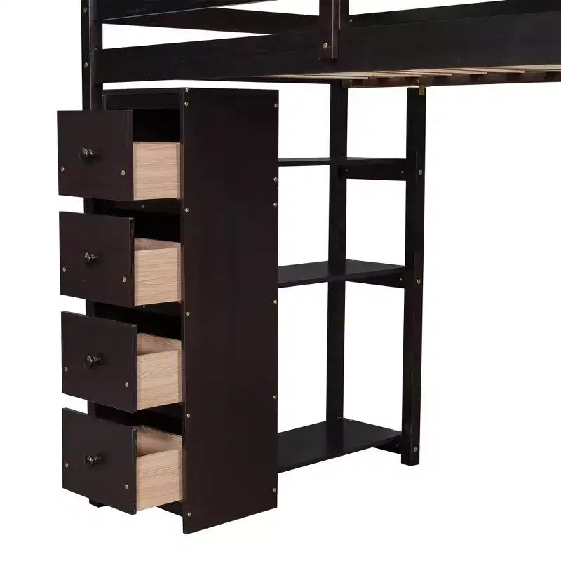 Twin Size Loft Bed with Desk and Stairs, Wooden High Loft Bed with Drawers and Shelves for Kids Teens