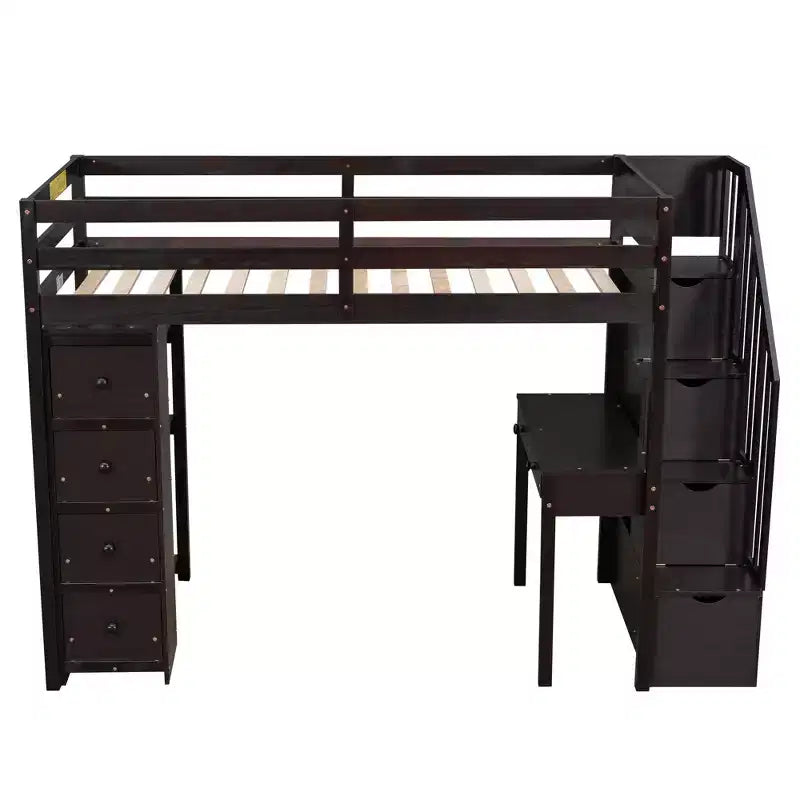 Twin Size Loft Bed with Desk and Stairs, Wooden High Loft Bed with Drawers and Shelves for Kids Teens