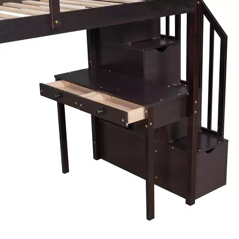 Twin Size Loft Bed with Desk and Stairs, Wooden High Loft Bed with Drawers and Shelves for Kids Teens