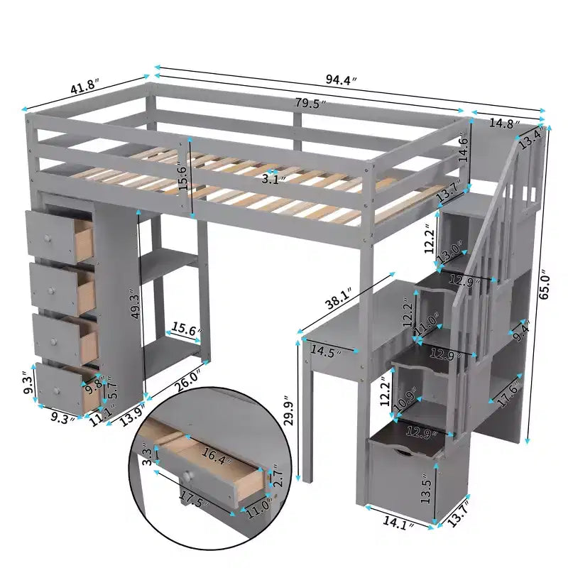Twin Size Loft Bed with Desk and Stairs, Wooden High Loft Bed with Drawers and Shelves for Kids Teens