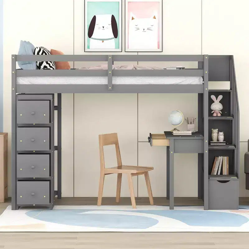 Twin Size Loft Bed with Desk and Stairs, Wooden High Loft Bed with Drawers and Shelves for Kids Teens