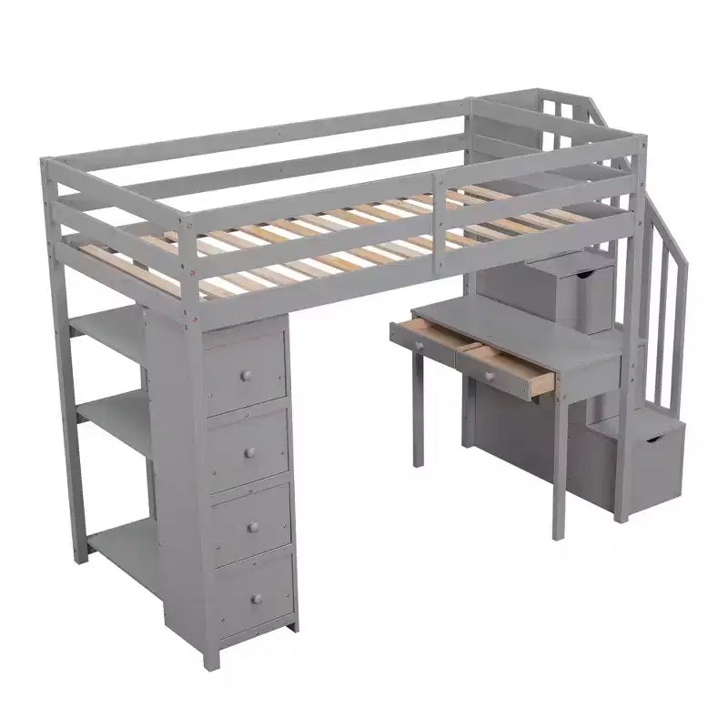 Twin Size Loft Bed with Desk and Stairs, Wooden High Loft Bed with Drawers and Shelves for Kids Teens