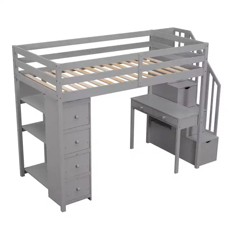 Twin Size Loft Bed with Desk and Stairs, Wooden High Loft Bed with Drawers and Shelves for Kids Teens