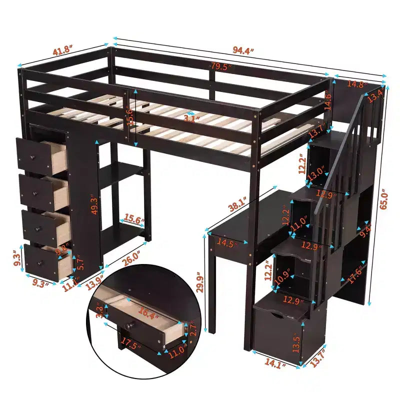 Twin Size Loft Bed with Desk and Stairs, Wooden High Loft Bed with Drawers and Shelves for Kids Teens