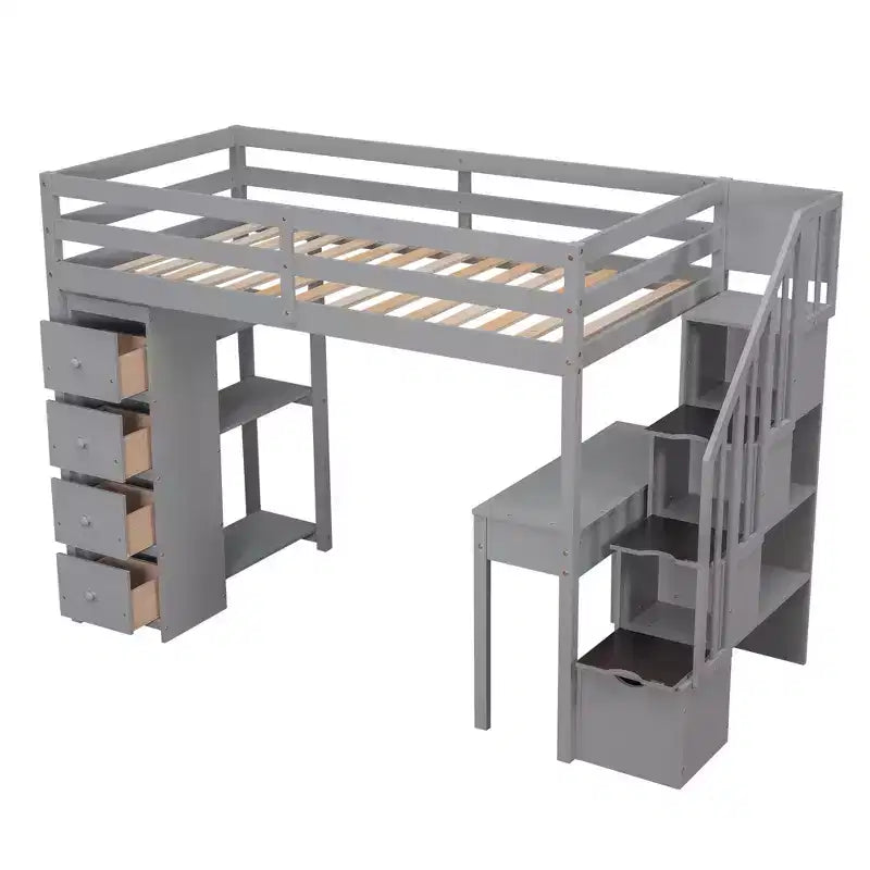 Twin Size Loft Bed with Desk and Stairs, Wooden High Loft Bed with Drawers and Shelves for Kids Teens