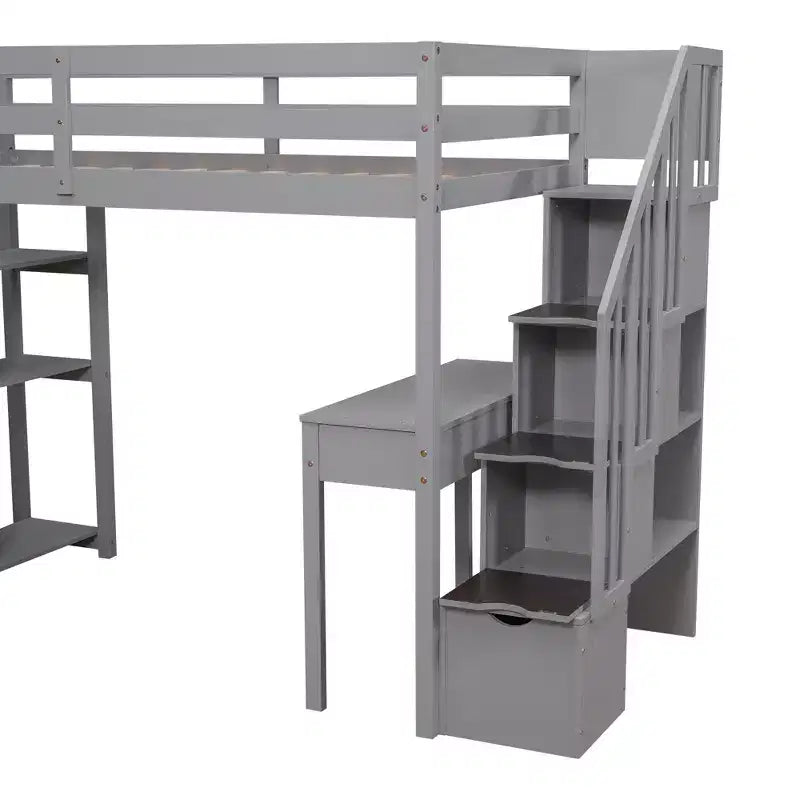 Twin Size Loft Bed with Desk and Stairs, Wooden High Loft Bed with Drawers and Shelves for Kids Teens