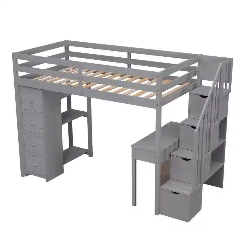 Twin Size Loft Bed with Desk and Stairs, Wooden High Loft Bed with Drawers and Shelves for Kids Teens
