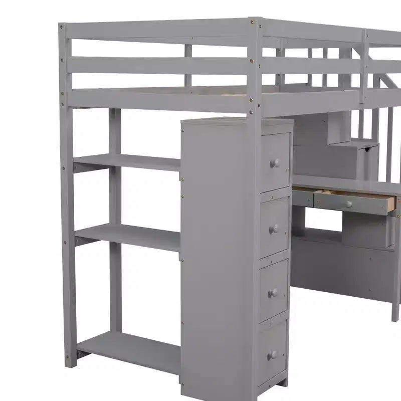 Twin Size Loft Bed with Desk and Stairs, Wooden High Loft Bed with Drawers and Shelves for Kids Teens