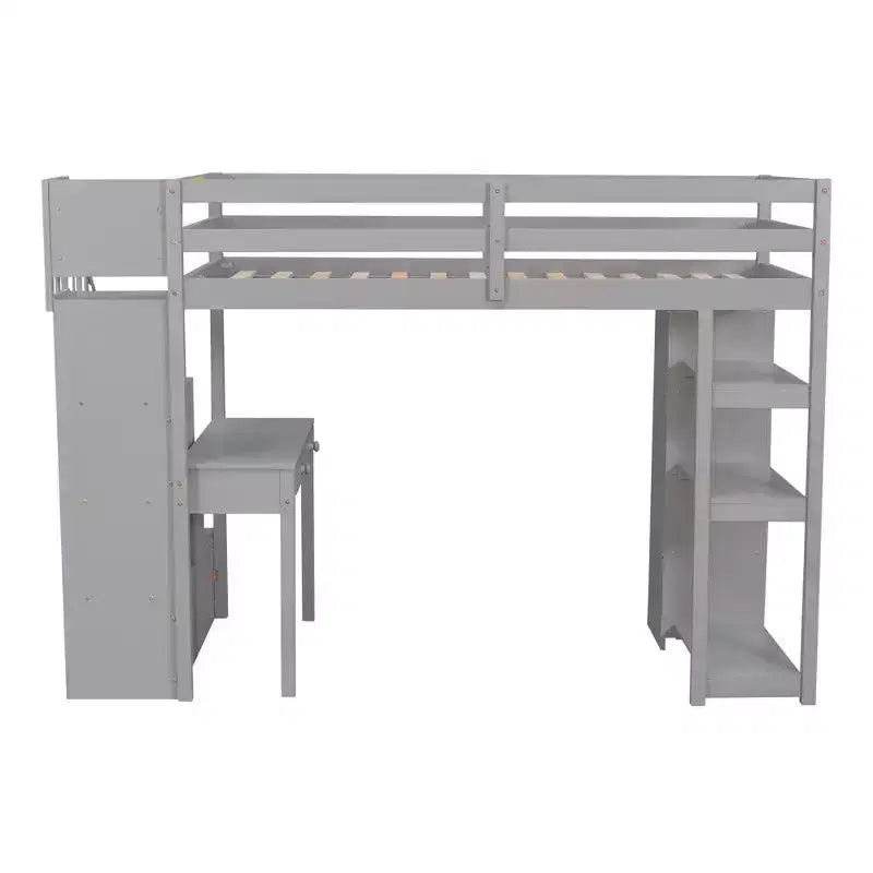 Twin Size Loft Bed with Desk and Stairs, Wooden High Loft Bed with Drawers and Shelves for Kids Teens