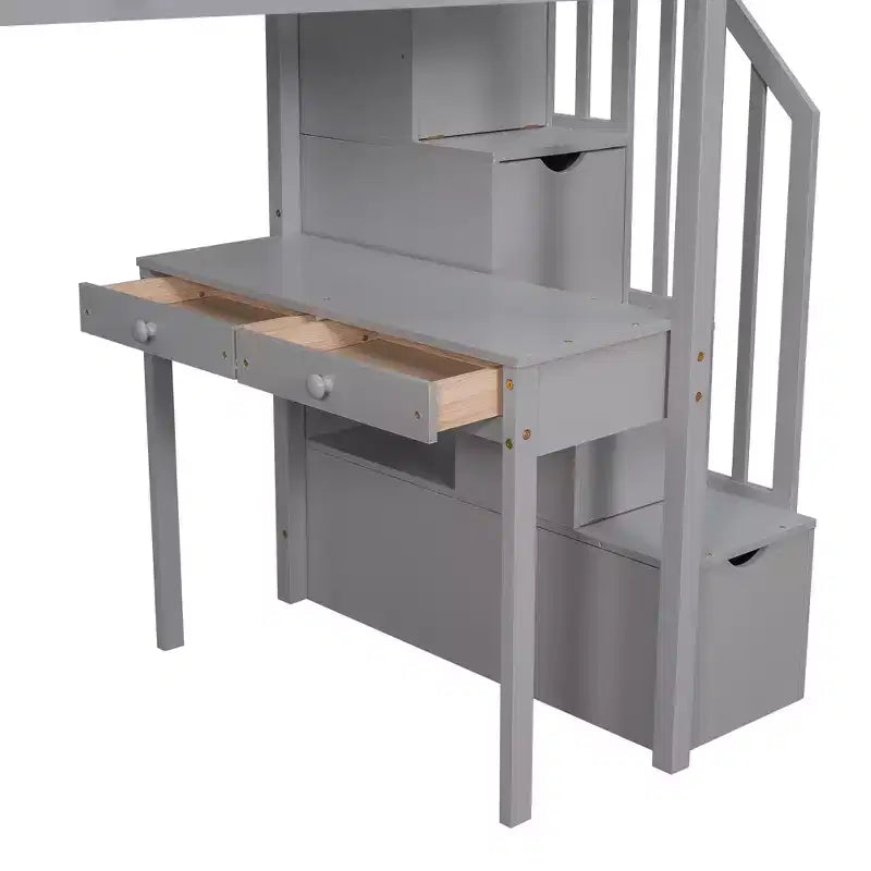 Twin Size Loft Bed with Desk and Stairs, Wooden High Loft Bed with Drawers and Shelves for Kids Teens