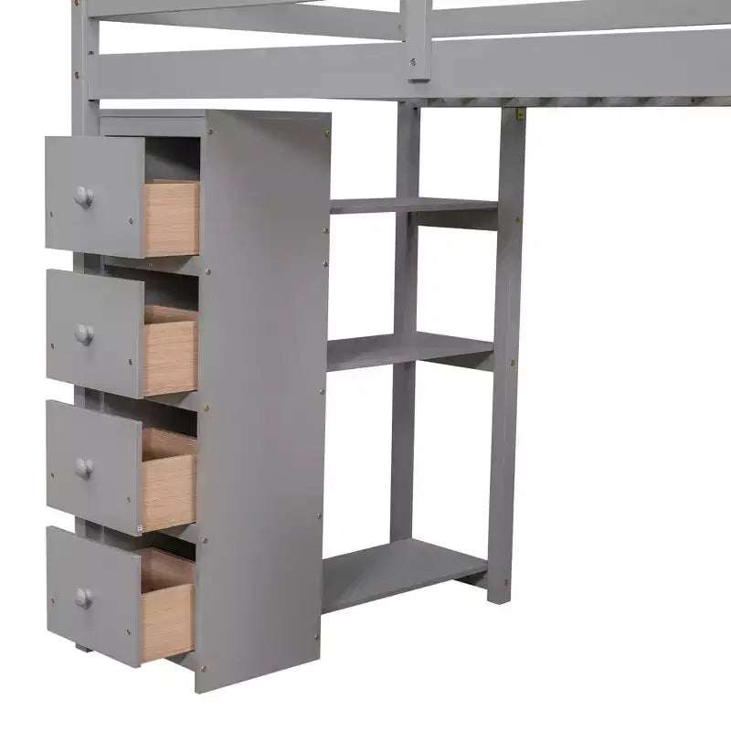 Twin Size Loft Bed with Desk and Stairs, Wooden High Loft Bed with Drawers and Shelves for Kids Teens