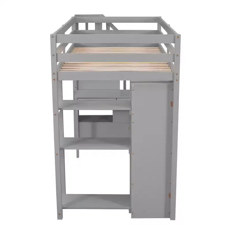 Twin Size Loft Bed with Desk and Stairs, Wooden High Loft Bed with Drawers and Shelves for Kids Teens