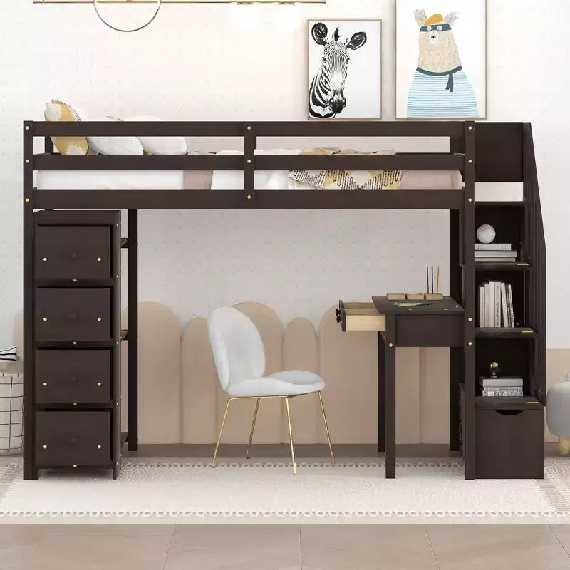 Twin Size Loft Bed with Desk and Stairs, Wooden High Loft Bed with Drawers and Shelves for Kids Teens