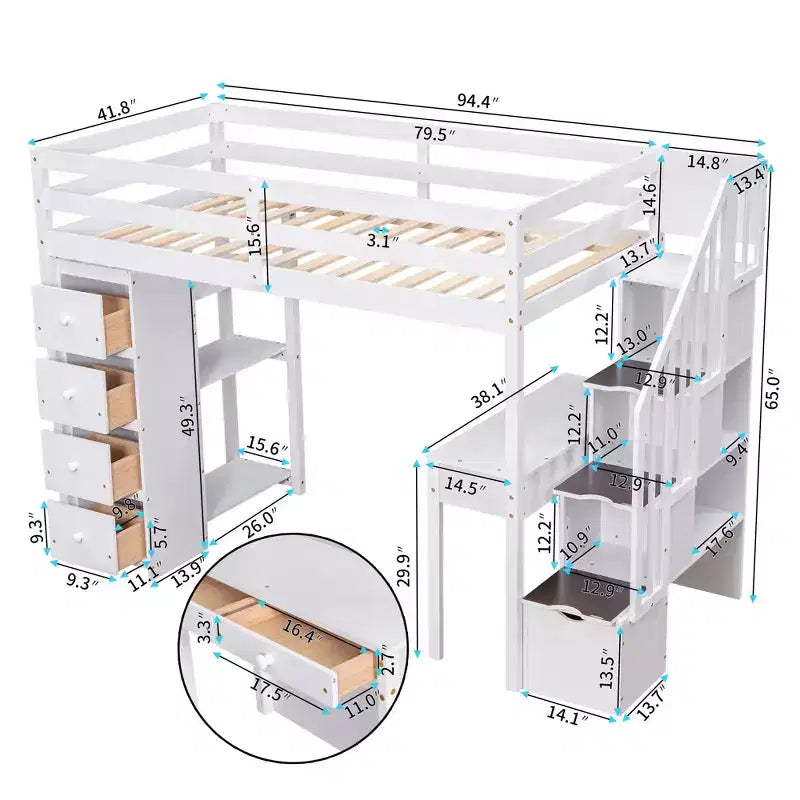 Twin Size Loft Bed with Desk and Stairs, Wooden High Loft Bed with Drawers and Shelves for Kids Teens